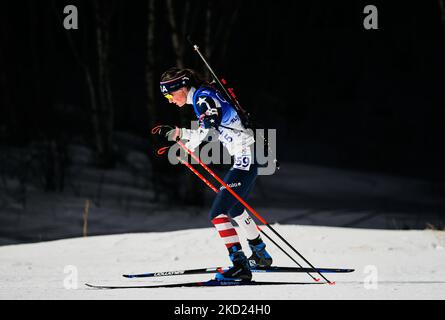 Clare Egan aus den USA während des Biathlon bei den Olympischen Winterspielen 2022 in Peking im Zhangjiakou Genting Snow Park am 7. Februar 2022 in Zhangjiakou, China. (Foto von Ulrik Pedersen/NurPhoto) Stockfoto