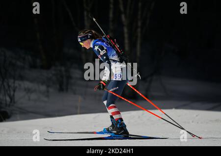 Clare Egan aus den USA während des Biathlon bei den Olympischen Winterspielen 2022 in Peking im Zhangjiakou Genting Snow Park am 7. Februar 2022 in Zhangjiakou, China. (Foto von Ulrik Pedersen/NurPhoto) Stockfoto