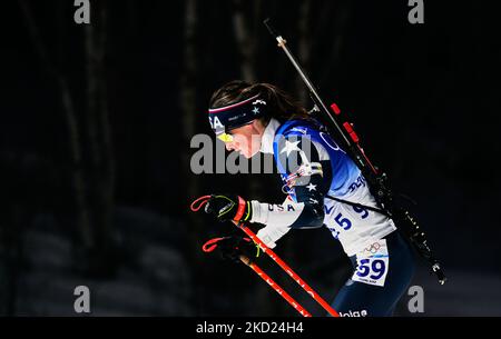 Clare Egan aus den USA während des Biathlon bei den Olympischen Winterspielen 2022 in Peking im Zhangjiakou Genting Snow Park am 7. Februar 2022 in Zhangjiakou, China. (Foto von Ulrik Pedersen/NurPhoto) Stockfoto