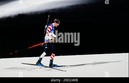 Clare Egan aus den USA während des Biathlon bei den Olympischen Winterspielen 2022 in Peking im Zhangjiakou Genting Snow Park am 7. Februar 2022 in Zhangjiakou, China. (Foto von Ulrik Pedersen/NurPhoto) Stockfoto