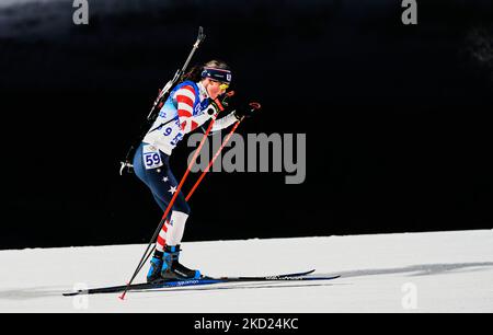 Clare Egan aus den USA während des Biathlon bei den Olympischen Winterspielen 2022 in Peking im Zhangjiakou Genting Snow Park am 7. Februar 2022 in Zhangjiakou, China. (Foto von Ulrik Pedersen/NurPhoto) Stockfoto