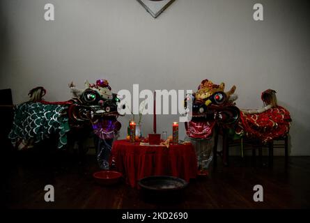 Die Kie Lins wird am 8. Februar 2022 in einer Kampfkunstschule, PGB Bangau Putih in Bogor, Provinz West Java, Indonesien, gesehen. Der Ursprung von Kie Lins in chinesischen Legenden sind bekannte Tiere, die Reittiere der Götter sind. Der Kie Lin ist ein Tier, das 18 Tiere in der Welt repräsentiert. (Foto von Adriana Adie/NurPhoto) Stockfoto