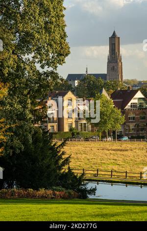 Vertikale Aufnahme der Kirche in der Stadt Arnhem vom Sonsbeek-Park aus gesehen Stockfoto