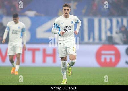 Marseille, Frankreich. 7. April 2022. Marseille-Spieler Pol Lirola bei einem Fußballspiel der UEFA Conference League zwischen Olympique Marseille und PAOK FC (Bildquelle: © Giannis Papanikos/ZUMA Press Wire) Stockfoto