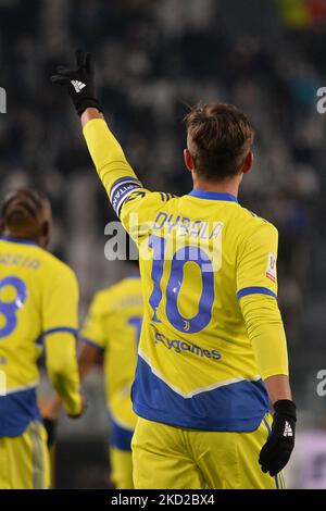 Paulo Dybala vom FC Juventus feiert am 10. Februar 2022 im Allianz-Stadion in Turin (Foto: Alberto Gandolfo/NurPhoto) ein Tor beim Fußballspiel Coppa Italia zwischen dem FC Juventus und den USA Sassuolo. Stockfoto