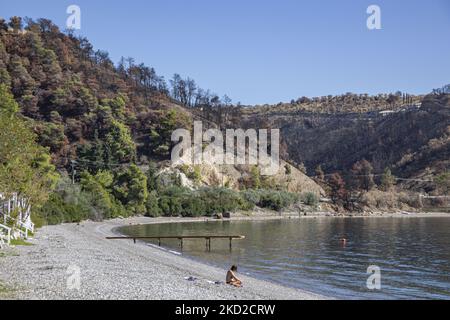 Sonniger Tag und ruhiges Meer am Kohili-Strand, mit Kieselsteinen, während eine Frau die Sonne genießt, in der Nähe des Dorfes Limni, einem Reiseziel, mit dem verbrannten Hang und dem Wald im Hintergrund. Nach den Bränden in Griechenland ereignete sich im Land eine riesige Umweltkatastrophe. An der spezifischen Stelle des Ufers fand im August eine Evakuierung mit einer Fähre statt, als das Feuer das Gebiet umgab. Wald, Pinien, Olivenhaine, Unternehmen, Hotels, Camping, Häuser, Fahrzeuge und Tiere wurden verbrannt. Das Feuer war nach einer Nacht des Regens vorbei, während die vorherigen Tage griechische Feuerwehrleute, lokale Volun Stockfoto