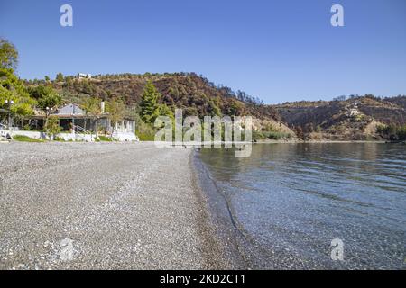 Sonniger Tag und ruhiges Meer am Kohili-Strand, mit Kieselsteinen, während eine Frau die Sonne genießt, in der Nähe des Dorfes Limni, einem Reiseziel, mit dem verbrannten Hang und dem Wald im Hintergrund. Nach den Bränden in Griechenland ereignete sich im Land eine riesige Umweltkatastrophe. An der spezifischen Stelle des Ufers fand im August eine Evakuierung mit einer Fähre statt, als das Feuer das Gebiet umgab. Wald, Pinien, Olivenhaine, Unternehmen, Hotels, Camping, Häuser, Fahrzeuge und Tiere wurden verbrannt. Das Feuer war nach einer Nacht des Regens vorbei, während die vorherigen Tage griechische Feuerwehrleute, lokale Volun Stockfoto
