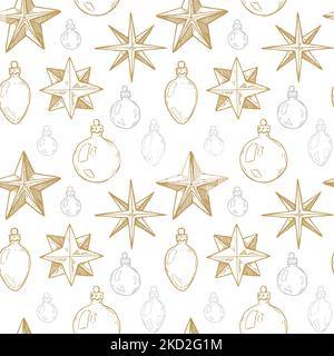 Frohe Weihnachten und glückliches neues Jahr nahtloses Muster mit goldenen handgezeichneten Sternen und Spielzeug. Festlicher Hintergrund. Vektorgrafik im Skizzenstil Stock Vektor
