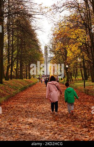 Menschen, die an einem Herbsttag auf einem mit Herbstblättern bedeckten Fußweg zu einem Obelisken im Cytadela-Park wandern. Stockfoto