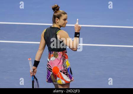 Maria Sakkari aus Griechenland zeigt sich während des Finalmatches der Frauen beim WTA 500 St. Petersburg Ladies Trophy 2022 International Tennis Tournament gegen Anet Kontaveit aus Estland am 13. Februar 2022 in der Sibur Arena in Sankt Petersburg, Russland. (Foto von Mike Kireev/NurPhoto) Stockfoto
