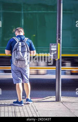 Junger Mann mit Rucksack, der beim Fußgängerüberweg in London auf das Telefon schaut, auf dem ein Schild mit der AUFSCHRIFT „WARTEN“ steht, während ein Bus mit Reflexionen vor dem Hotel vorbeifährt Stockfoto