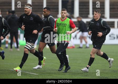 Adam Radwan (oben grün) wird während des Warm-Ups vor dem Spiel der Gallagher Premiership zwischen Newcastle Falcons und Exeter Chiefs im Kingston Park, Newcastle, am Sonntag, den 20.. Februar 2022, abgebildet. (Foto von Chris Lisham/MI News/NurPhoto) Stockfoto