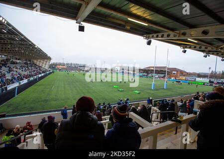 Ein Blick auf den Kingston Park an einem nassen Nachmittag in Newcastle vor dem Spiel der Gallagher Premiership zwischen Newcastle Falcons und Exeter Chiefs im Kingston Park, Newcastle am Sonntag, den 20.. Februar 2022. (Foto von Chris Lisham/MI News/NurPhoto) Stockfoto