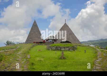 Landschaftsansicht von traditionellen Häusern und rituellen Bereich in Todo Dorf, Manggarai Regentschaft, Flores Insel, Ost Nusa Tenggara, Indonesien Stockfoto