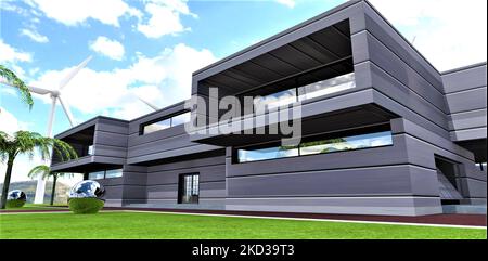 Eine Stahlkugel auf dem Rasen vor einem modisch futuristischen Gehäuse, dessen Wände mit wärmesparendem Material mit einer Metallbeschichtung getrimmt sind. Stockfoto