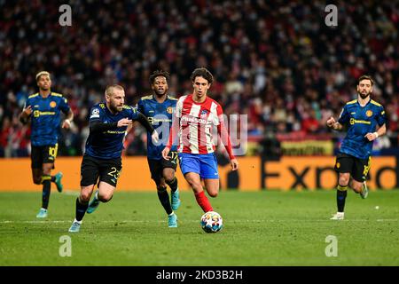 Joao Felix, Luke Shaw, Marcus Rashford, Fred und Bruno Fernandes während der UEFA Champions League-Runde von sechzehn Spielen der ersten Etappe eins zwischen Atletico de Madrid und Manchester United am 23. Februar 2022 in Wanda Metropolitano in Madrid, Spanien. (Foto von Rubén de la Fuente Pérez/NurPhoto) Stockfoto