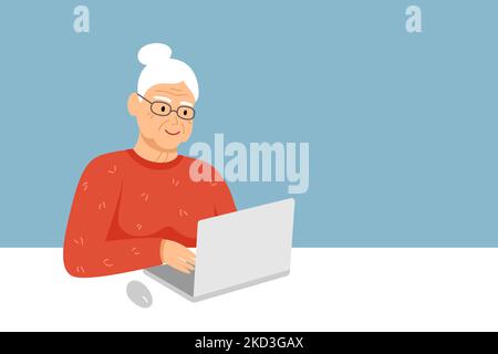 Weißhaarige ältere Frau, Großmutter mit Laptop und Platz für Text Stock Vektor