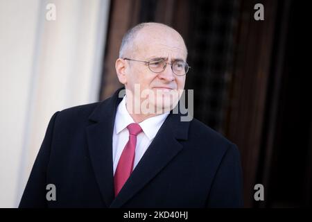 Zbigniew Rau beim Treffen der Außenminister des Weimarer Dreiecks (Polen, Deutschland und Frankreich) am 1. März 2022 im Herbst-Palast in Lodz, Polen (Foto: Mateusz Wlodarczyk/NurPhoto) Stockfoto