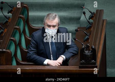 Piotr Glinski während der Sitzung des Sejm (Unterhauses) 49. in Warschau, Polen, am 3. März 2022. (Foto von Mateusz Wlodarczyk/NurPhoto) Stockfoto