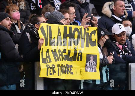 Anhänger von Juventus während des Fußballspiel der Serie A zwischen dem FC Juventus und Spezia im Allianz-Stadion am 6. März 2022 in Turin, Italien (Foto von Alberto Gandolfo/NurPhoto) Stockfoto