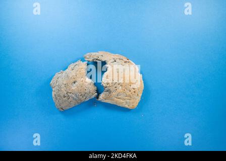 Gebrochenes Krustenende eines mit blauem Schimmel besäten Laibs auf dunkelblauem Hintergrund Stockfoto