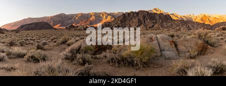 Panoramablick auf die Alabama Hills mit den Bergen der Sierra Nevada im Alpenglow im Hintergrund Inyo County California Stockfoto