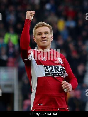 Duncan Watmore von Middlesbrough feiert am Samstag, dem 5.. März 2022, nach dem Tor beim Sky Bet Championship-Spiel zwischen Middlesbrough und Luton Town im Riverside Stadium, Middlesbrough. (Foto von Michael Driver/MI News/NurPhoto) Stockfoto