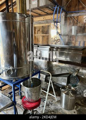 Abfüll- und Verdampfermaschine (die ahornsaft in Ahornsirup verwandelt) in der Zuckerhütte auf einer Farm in Mount Albert, Ontario, Kanada, am 05. März 2022. Ahornsirup wird nur in Nordamerika hergestellt. (Foto von Creative Touch Imaging Ltd./NurPhoto) Stockfoto