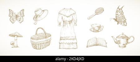 Kollektion im Cottagecore-Stil. Handgezeichnete Skizze Vektor Illustrationen Set. Erholung auf dem Land und Picknick Doodle Ware isoliert Stock Vektor