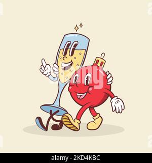 Weihnachten und Neujahr Retro-Zeichentrickfiguren. Sektglas und Weihnachtsbaumkugelfreunde gehen zusammen. Vektor-Maskottchen-Illustration Stock Vektor