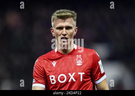 Sam Surrage aus Nottingham Forest während des FA Cup-Spiels zwischen Nottingham Forest und Huddersfield Town am City Ground, Nottingham, am Montag, 7.. März 2022. (Foto von Jon Hobley/MI News/NurPhoto) Stockfoto