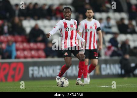 Jay Matete von Sunderland während des Sky Bet League 1-Spiels zwischen Sunderland und Fleetwood Town am Dienstag, den 8.. März 2022 im Stadium of Light, Sunderland. (Foto von Mark Fletcher/MI News/NurPhoto) Stockfoto