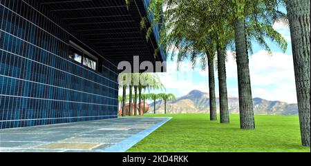 Pflaster aus quadratischen Betonplatten mit blauer Bordsteinkante an den Kanten. Saftig grüner Rasen mit riesigen Palmen darauf. Wand des Hauses mit Sonnentafeln abgeschlossen. Be Stockfoto