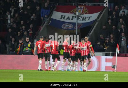 Cody Gakpo vom PSV Eindhoven feiert sein erstes Tor während des PSV Eindhoven gegen den FC Kopenhagen, UEFA Europa Conference League, am 10. März 2022 im Philips Stadium, Eindhoven, Niederlande. (Foto von Ulrik Pedersen/NurPhoto) Stockfoto