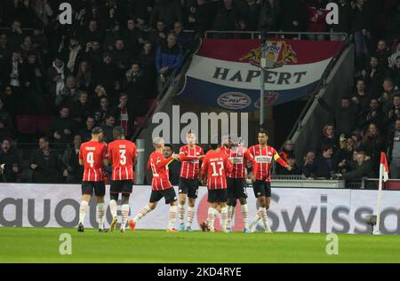 Cody Gakpo vom PSV Eindhoven feiert sein erstes Tor während des PSV Eindhoven gegen den FC Kopenhagen, UEFA Europa Conference League, am 10. März 2022 im Philips Stadium, Eindhoven, Niederlande. (Foto von Ulrik Pedersen/NurPhoto) Stockfoto