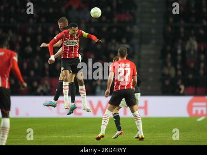 Cody Gakpo vom PSV Eindhoven und während der PSV Eindhoven gegen den FC Kopenhagen, UEFA Europa Conference League, am 10. März 2022 im Philips Stadium, Eindhoven, Niederlande. (Foto von Ulrik Pedersen/NurPhoto) Stockfoto
