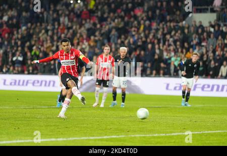 Cody Gakpo vom PSV Eindhoven während des PSV Eindhoven gegen den FC Kopenhagen, UEFA Europa Conference League, am 10. März 2022 im Philips Stadium, Eindhoven, Niederlande. (Foto von Ulrik Pedersen/NurPhoto) Stockfoto