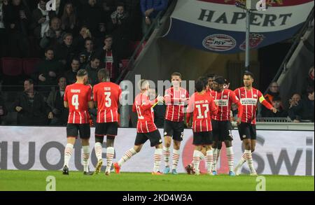 Cody Gakpo vom PSV Eindhoven feiert sein erstes Tor während des PSV Eindhoven gegen FC København am 10. März 2022 im Philips Stadium, Eindhoven, Niederlande. (Foto von Ulrik Pedersen/NurPhoto) Stockfoto