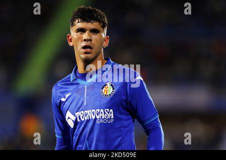 Carles Alena von Getafe CF während des La Liga-Spiels zwischen Getafe CF und Valencia im Coliseum Alfonso Perez Stadion in Madrid, Spanien. (Foto von DAX Images/NurPhoto) Stockfoto