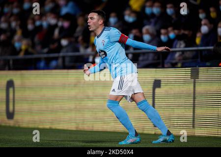 Iago Aspas von Celta de Vigo reagiert während des La Liga Santander-Spiels zwischen CF Villarreal und RC Celta de Vigo im Estadio de la Ceramica, 12. März 2022, Villarreal, Spanien (Foto von David Aliaga/NurPhoto) Stockfoto