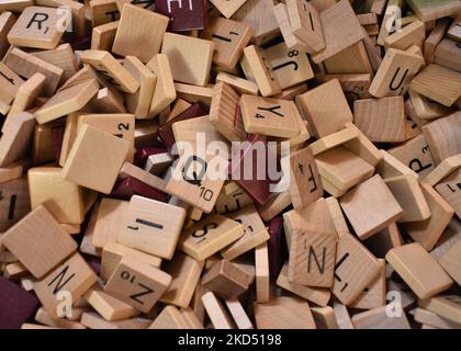 Eine Nahaufnahme von Scrabble Letter Tiles Stockfoto