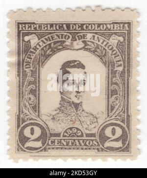 ANTIOQUIA - UM 1899: Eine 2 centavos schieferbraune Briefmarke mit einem Porträt von General Jose Marıa Cordoba Muñoz, auch bekannt als der 'Held von Ayacucho', war ein General der kolumbianischen Armee während des Unabhängigkeitskrieges von Kolumbien, Peru und Bolivien aus Spanien Stockfoto