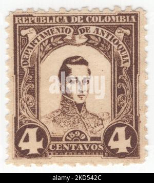 ANTIOQUIA - UM 1899: Eine 4 centavos bister-braune Briefmarke mit einem Porträt von General Jose Marıa Cordoba Muñoz, auch bekannt als der 'Held von Ayacucho', war ein General der kolumbianischen Armee während des Unabhängigkeitskrieges von Kolumbien, Peru und Bolivien aus Spanien Stockfoto