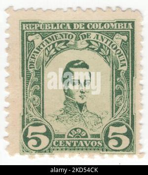 ANTIOQUIA - 1899: 5 Centavos grüne Briefmarke mit einem Porträt von José Marıa Cordoba Muñoz, auch bekannt als „Held von Ayacucho“. Er war General der kolumbianischen Armee während des Unabhängigkeitskrieges von Kolumbien, Peru und Bolivien aus Spanien Stockfoto