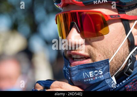 Filippo Ganna beim Start der letzten Etappe von Tirreno Adriatico von San Benedetto del Tronto, in San Benedetto, Ascoli, Italien, am 13. März, 2022. (Foto von Riccardo Fabi/NurPhoto) Stockfoto