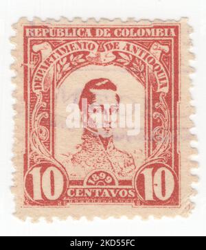 ANTIOQUIA - UM 1899: Eine 10 centavos scharlachrote Briefmarke, die ein Porträt von General Jose Marıa Cordoba Muñoz zeigt, auch bekannt als der 'Held von Ayacucho', war ein General der kolumbianischen Armee während des Unabhängigkeitskrieges von Kolumbien, Peru und Bolivien aus Spanien Stockfoto