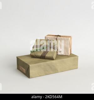 3D Illustration von vielen Geschenkschachteln über den weihnachtstag isoliert auf weißem Hintergrund Stockfoto