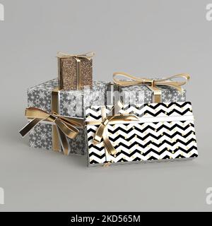 3D Illustration von vielen Geschenkschachteln über den weihnachtstag isoliert auf weißem Hintergrund Stockfoto