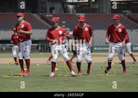 Mitglieder des Teams Diablos Rojos del México begannen die Vorsaison 2022 mit ihrem ersten Training im Estadio Alfredo Harp Helú in Mexiko-Stadt. An diesem ersten Trainingstag waren 20 Außenfeldspieler und 25 Pitcher dabei, und das Team wartet auf den Bericht der Kanoneballers Japhet Amador und der amerikanischen Verstärkung Justin Bour. (Foto von Gerardo Vieyra/NurPhoto) Stockfoto