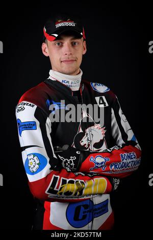 Jack Parkinson-Blackburn von Belle Vue Cool Running Colts während des Belle Vue Aces Press Day im National Speedway Stadium am Montag, 14.. März 2022. (Foto: Eddie Garvey/MI News/NurPhoto) Stockfoto